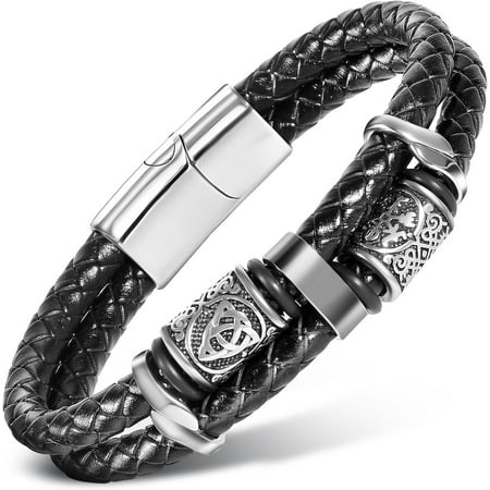 Viking men's black leather bracelet, cool handcrafted stackable stainless steel jewelry, symbolizing faith and courage, a perfect gift for fathers.