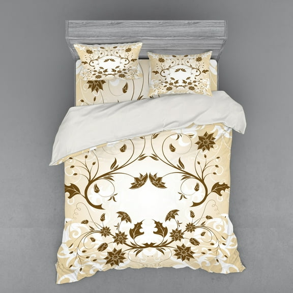 Ambesonne Floral Bedding Set 4 Pcs, Swirled Petals Leaves, Queen, Cream Redwood White