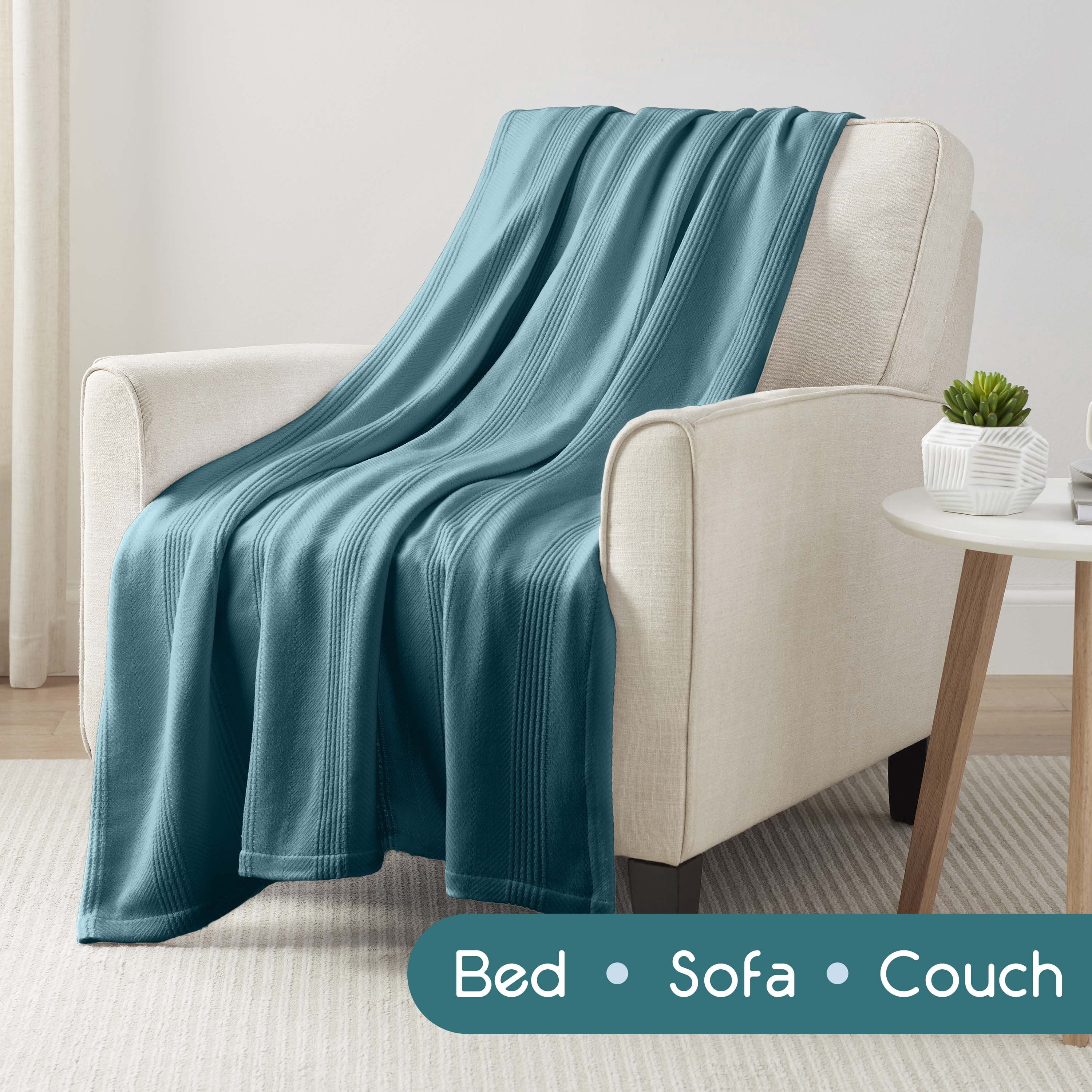 Lightweight Breathable 100% Cotton Knit Blanket – All-Season Bed Blanket – King Size – Blue