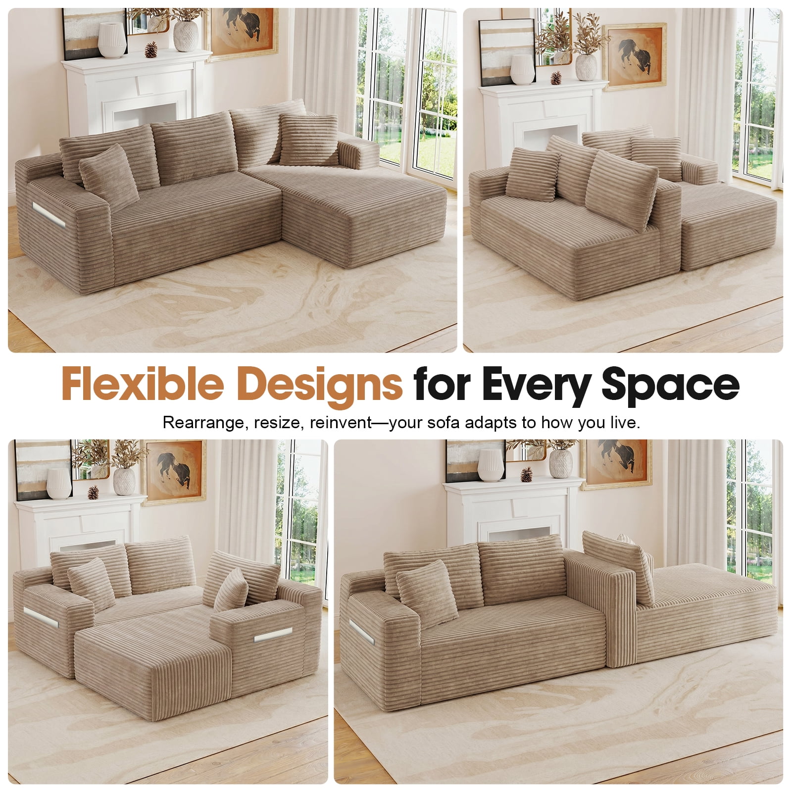 Aukfa 95" Cloud Sectional Couch, Modular L Shaped Boneless Sofa with Right Facing Chaise&2 Storage Pockets, Camel
