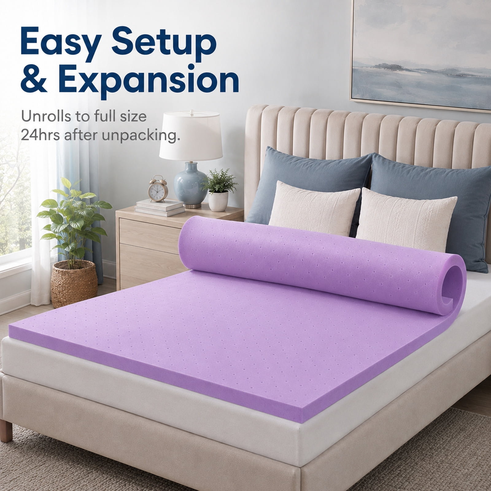 Alvantor 3 Inch Cooling Gel Memory Foam Mattress Topper Pressure Relief Pad, Ventilated Design Bed Topper, Purple
