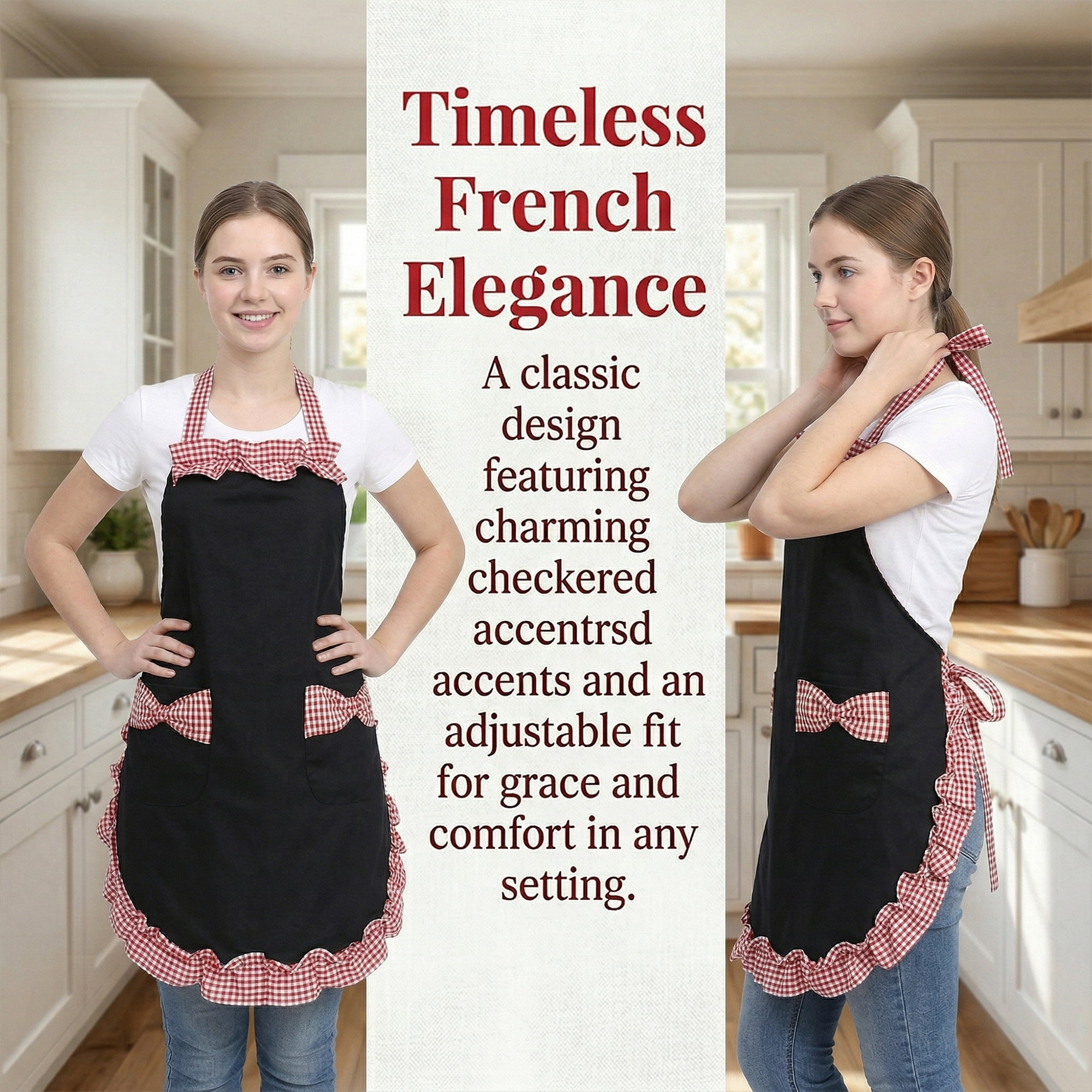 Unique Bargains Maid-style Durable Polyester Aprons with Pockets 25.4x28in Black Red