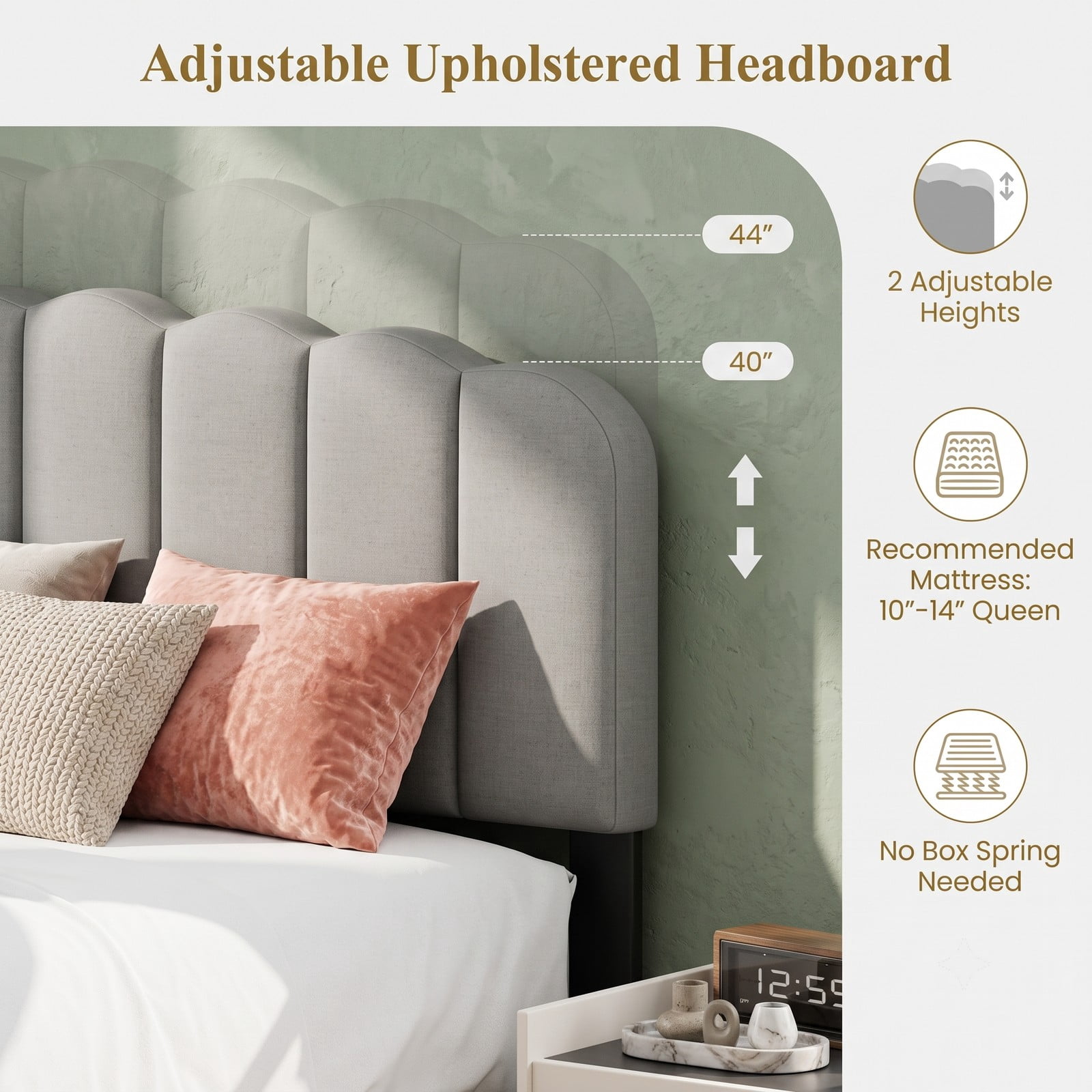 Furnibear Queen Size Bed Frame, Upholstered Platform Bed Frame with Adjustable Scalloped Headboard and LVL Slat Support, Queen Bed No Box Spring, Gray