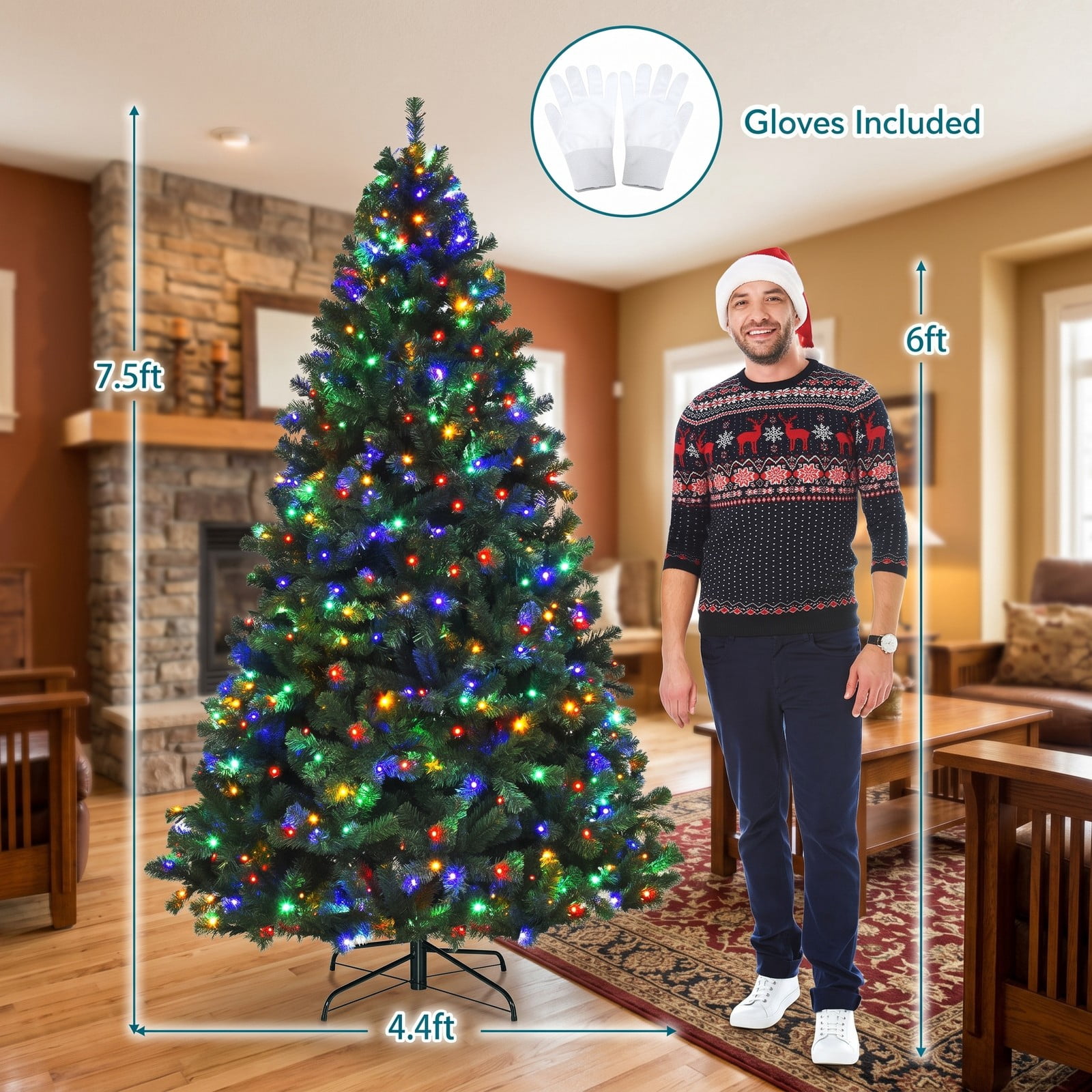 RUIE 7.5 FT Pre-Lit Artificial Spruce Christmas Tree with 550 Multicolor LED Lights and 1075 Branch Tips, Auto-Spread Metal Stand for Indoor Holiday Festival, Green