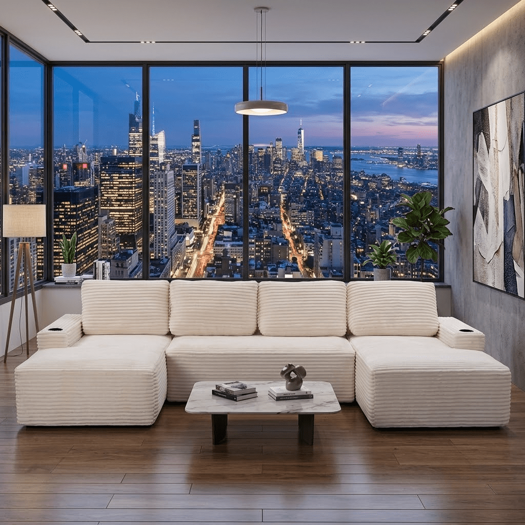 EPOWP 133" Modular Cloud Couch Sectional Sofa, U-Shaped Oversized Sofa with Chaise, Boneless Deep Seat Corduroy Couch with Memory Foam, Cup Holders & Side Pockets, No Assembly Required，Beige