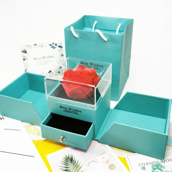 Rose Flower Jewelry Box Exquisite Ring Necklace Gift Case for Valentine's Day Anniversary Wedding Never Wilted Roses Eternal Flower for Lover,Gift for Mother [Green]