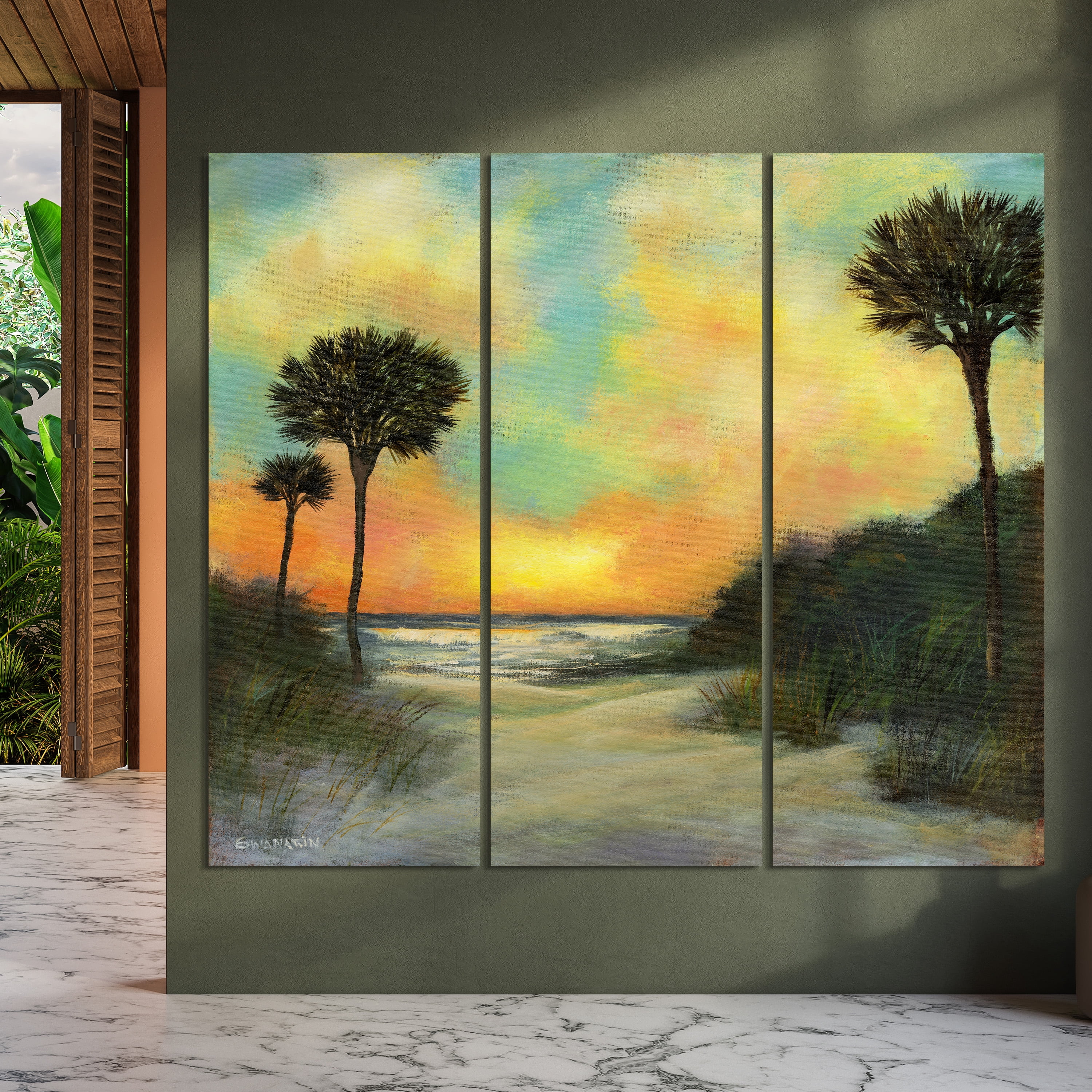 "Seaside Sunset" Frameless Free Floating Reverse Printed Tempered Art Glass Wall Art