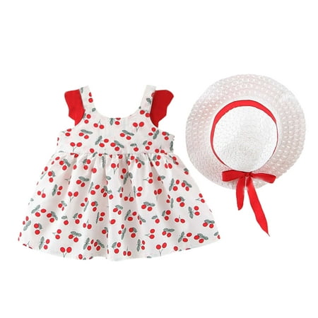 

Lovskoo Baby Girl Princess Dress Toddler Child Summer Floral Print Ruffled Sleeve Suspender Dress with Hat for 0-3 Years Red