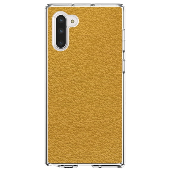 DistinctInk Clear Shockproof Hybrid Case for Samsung Galaxy Note 10 (6.3" Screen) - TPU Bumper, Acrylic Back, Tempered Glass Screen Protector - Yellow Faux Leather Print Design - Printed Leather Image