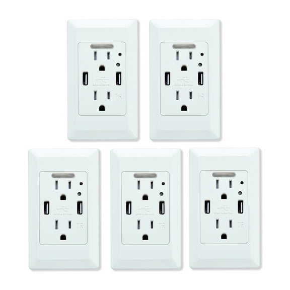 GREENCYCLE 5 Pack 4.2A Smart High Speed Dual USB Charger Wall Outlet Socket, 15A Tamper Resistant Outlet,Charging Receptacle with a mini Sensor LED Nightlight, White (ETL Listed)