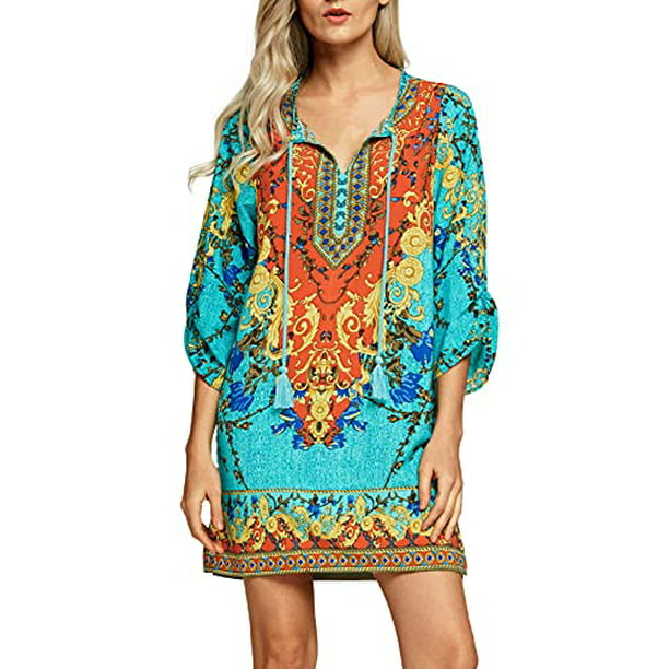 Women Bohemian Neck Tie Vintage Printed Ethnic Style Summer Shift Dress (M,  Pattern 1) - Walmart.com
