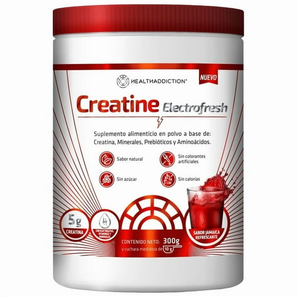 HEALTHADDICTION – Creatina Electrofresh Sabor Jamaica 300g – Con Minerales, Prebióticos y Aminoácidos – Sin Azúcar, Sin Calorías, Sin Colorantes – 30 Porciones – Suplemento en Polvo