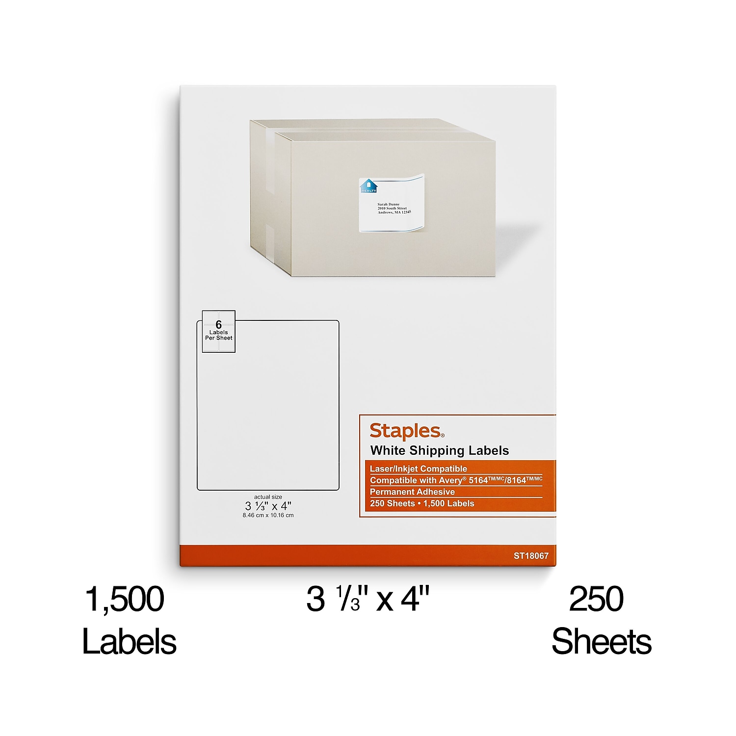 Staples Laser/Inkjet Shipping Labels 3 1/3 x 4 White 18067