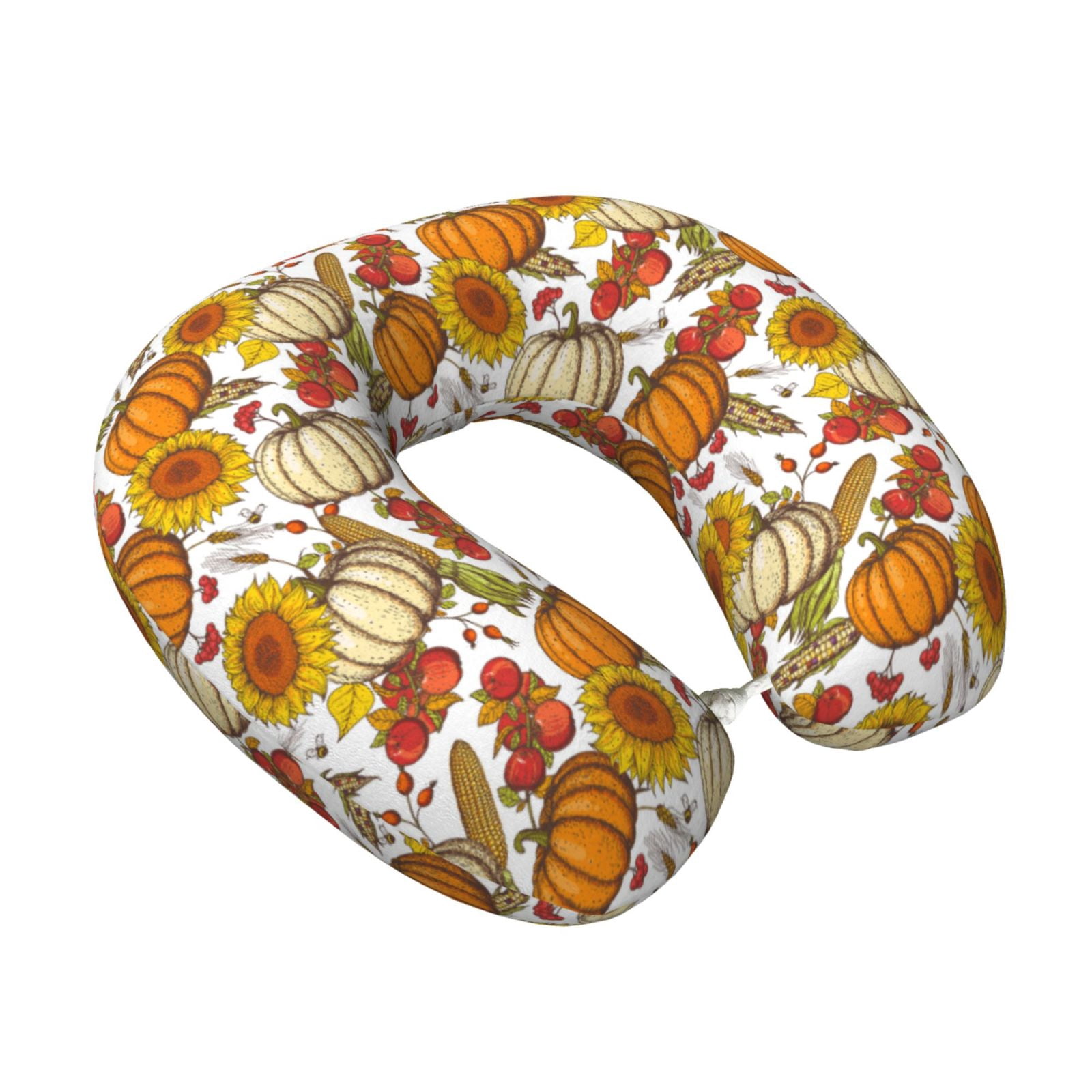 Xecao Pumpkin Corn Daisy Print Memory Foam Cervical Neck Pillow Versatile U-Shaped Pillows for Home,Office,Camping,Travelling,Soft Washable Cover