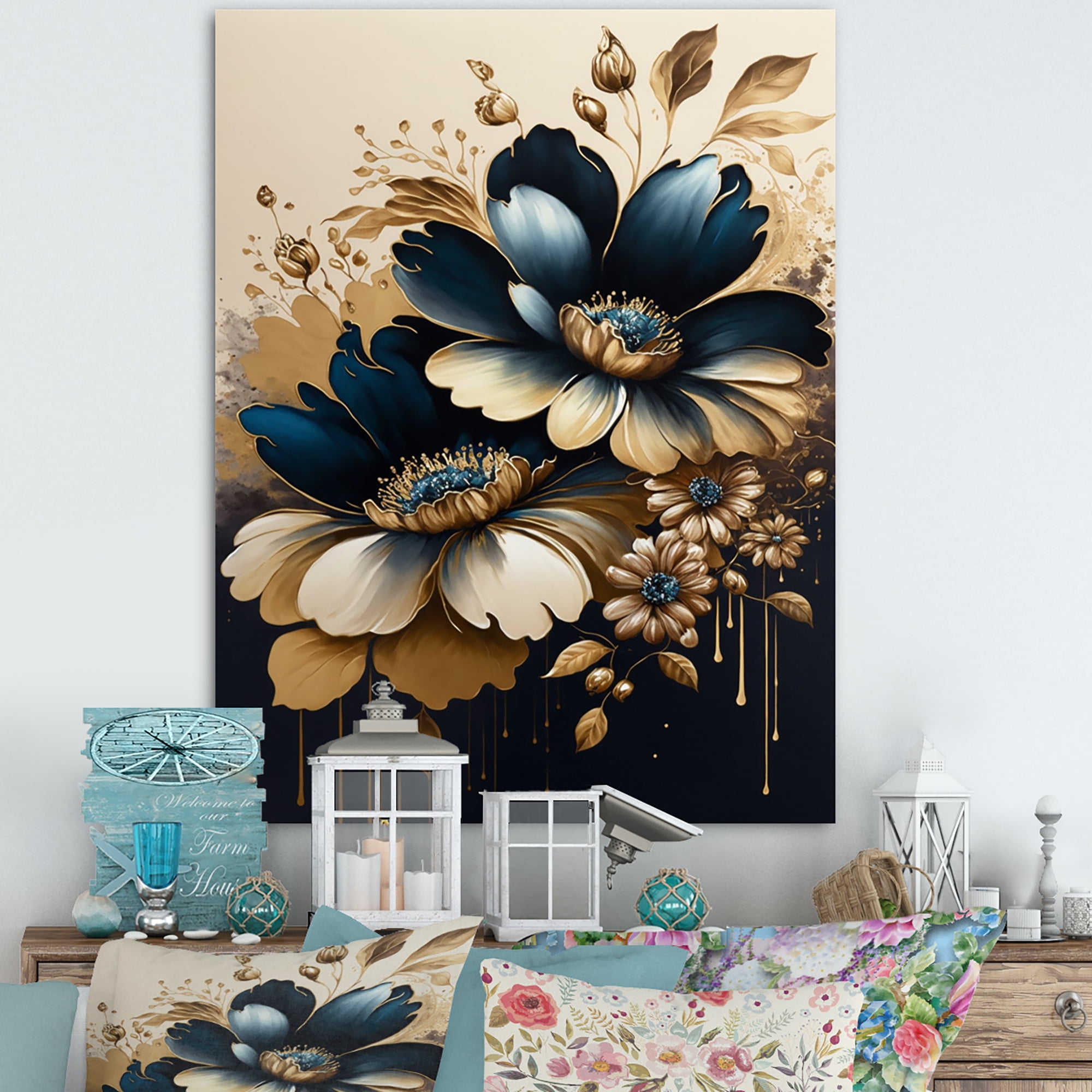 Designart Blue And Gold Daisy Bunch I Canvas Wall Art