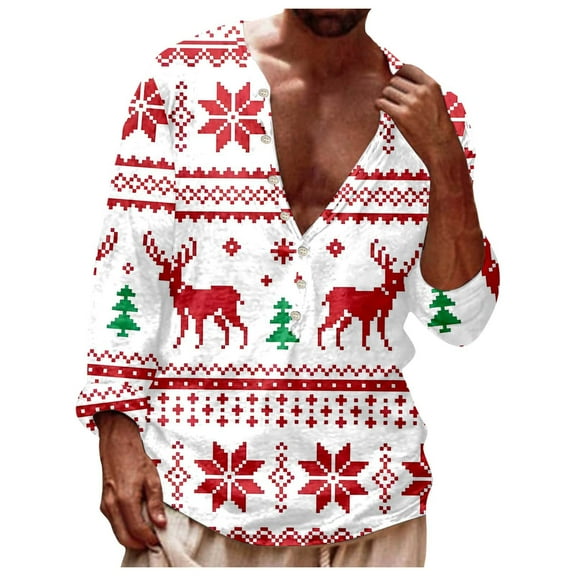 Mens Polo T-Shirt Christmas Printed Pixel Snowflake Deer Theme Button Up Long Sleeve Mens Work Clothing,White,3XL
