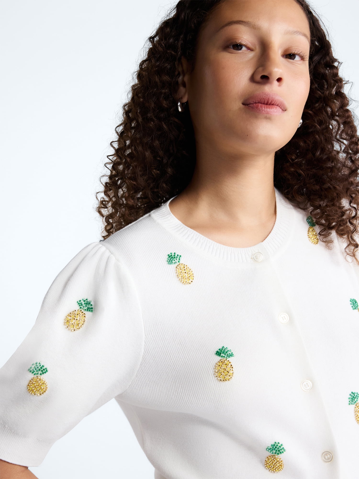 Free Assembly Women's and Women's Plus Beaded Cardigan Sweater with Short Puff Sleeves, Lightweight, Sizes XS-4X