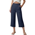 thumbnail image 2 of Cropped Pants Womens Petite Linen Pant 2026 Lightweight Elastic Waist Wide Leg Mid Calf Length Summer Beach Dress Capris Navy XL, 2 of 6