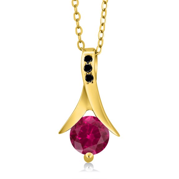 Gem Stone King 1.05 Ct Red Created Ruby Black Diamond 18K Yellow Gold Plated Silver Pendant with Chain