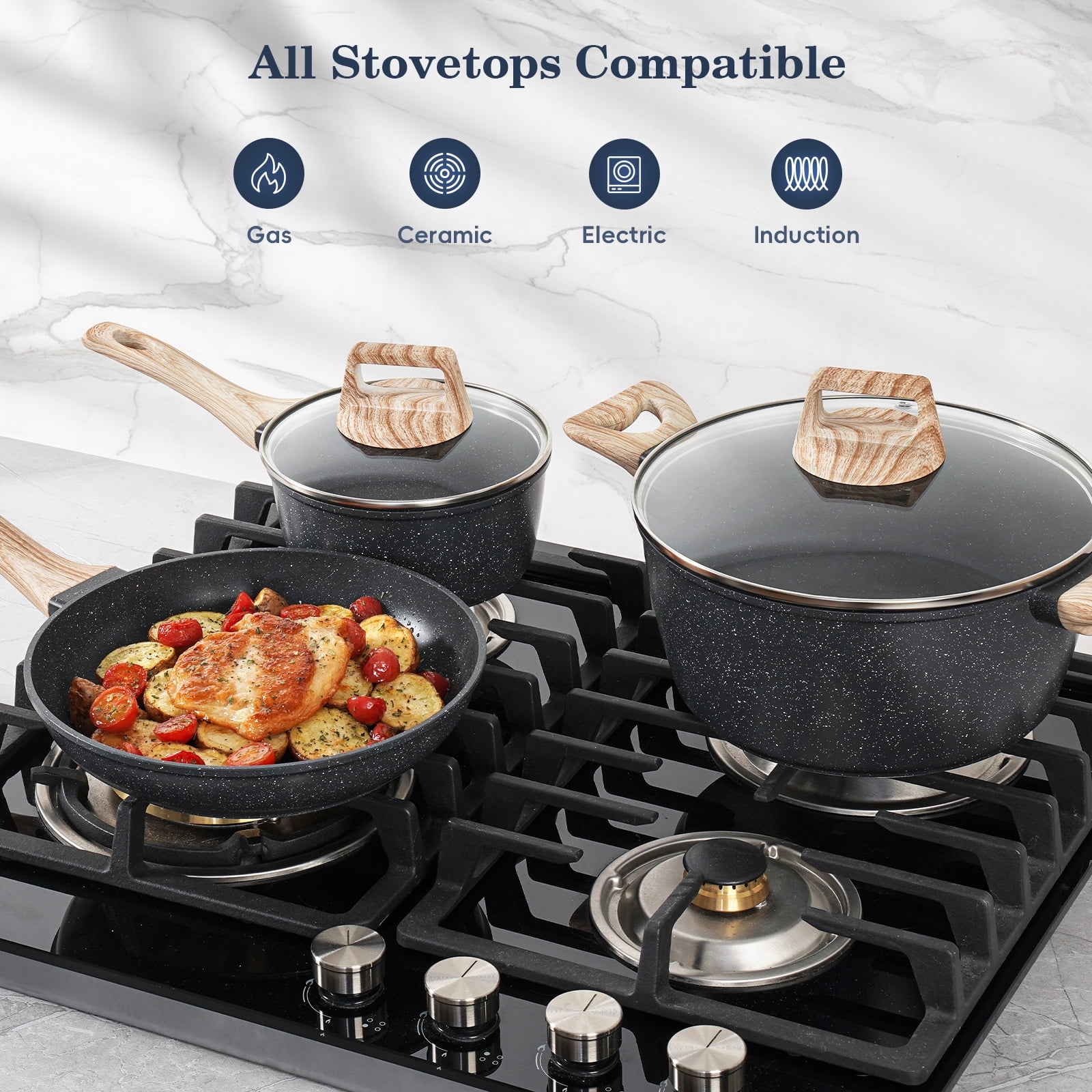 Soday 12 Piece Pots and Pans Set Granite Cookware Nonstick Skillet Frying Pan Kitchen Cooking Set,Black