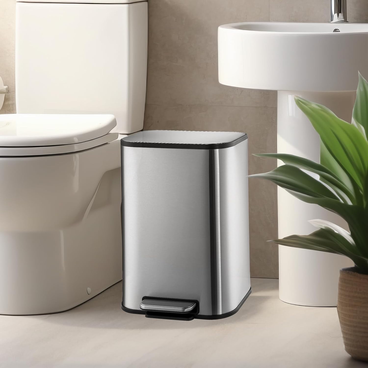 Lumiparty Kitchen Trash Can with Soft Close Lid, 3.2 Gallon Stainless Steel Garbage Can with Foot Pedal & Removable Inner Bucket, for Bathroom Living Room, Silver