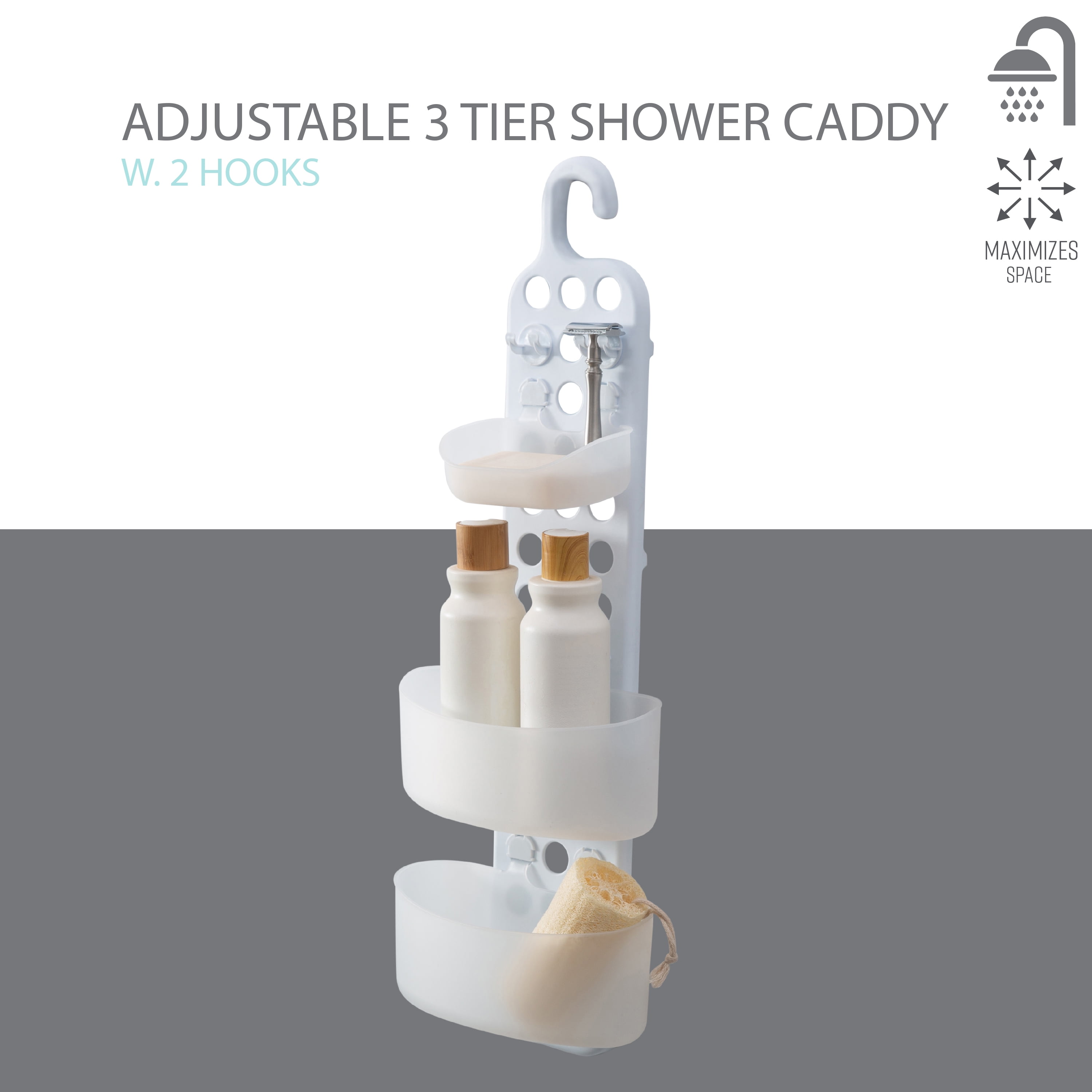 Bath Bliss 3 Shelves Tier Adjustable Plastic Shower Caddy, White