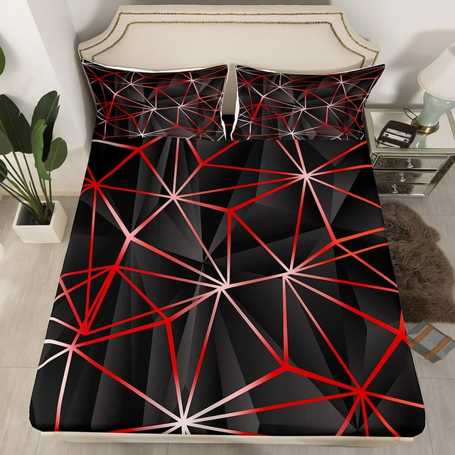 YST Geometric Bedding Set, Geometry Irregular Diamond Fitted Sheet For Kids Teens Adult Women Bedroom, Lightweight Microfiber Bed Sheets Abstract Triangle Sheets (Black Red, Twin)