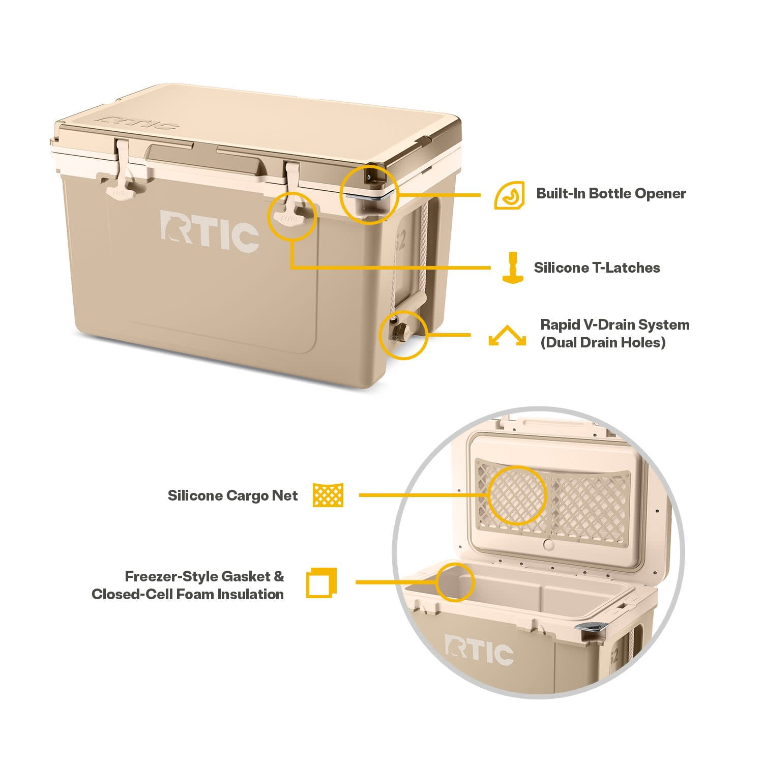 RTIC 52 Quart Ultra-Light Hard Cooler Bundle, with Freezable Divider & Dry Basket, Beach
