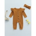 thumbnail image 2 of Cenuakty Baby Romper, Long Sleeve Round Neck Slant Zipper Ruffle Solid Color Knitting Fall Jumpsuit + Headband for Boy Girl, 2 of 8