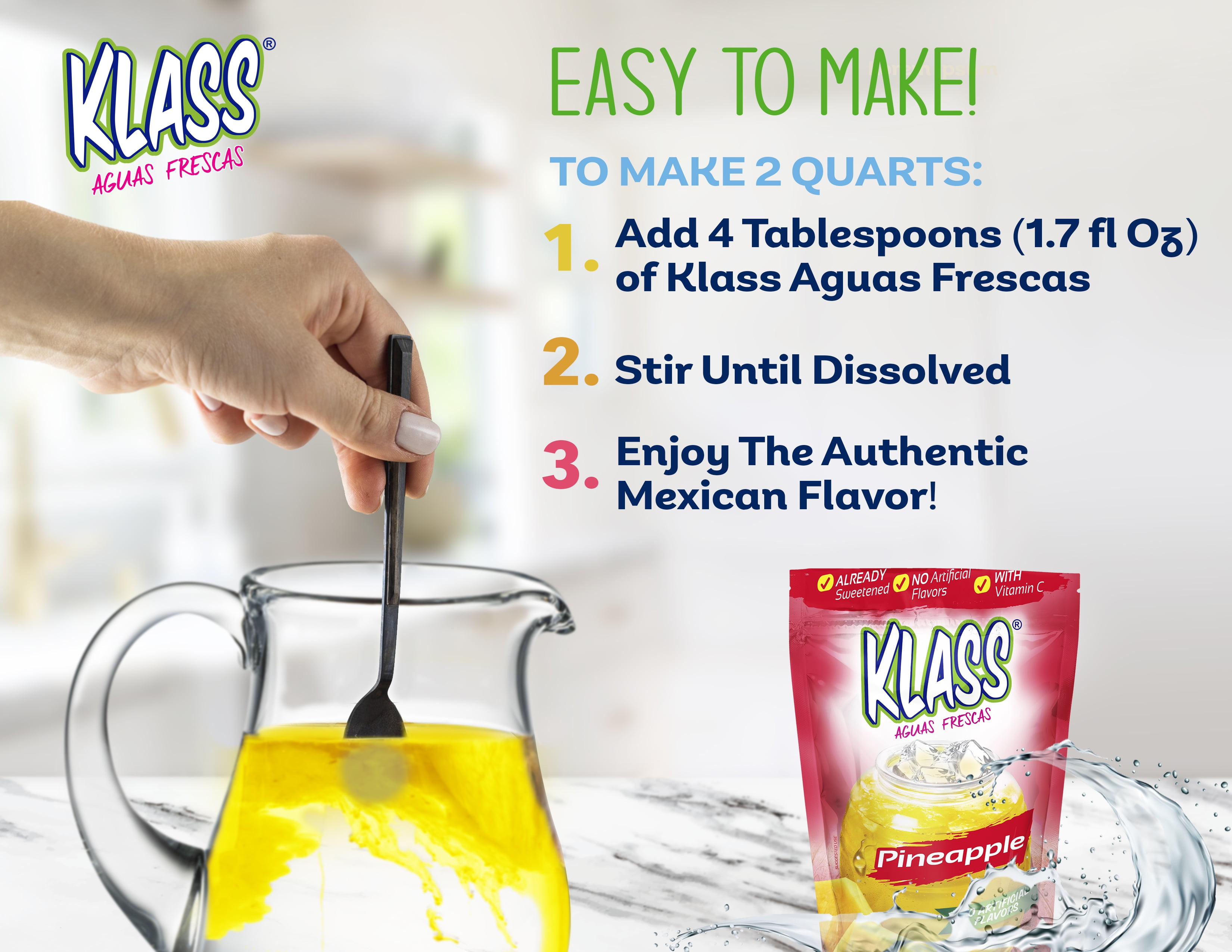 (3 pack) Klass Aguas Frescas Pineapple, with Vitamin C, Multiserve, Powdered Drink Mix, 14.1oz