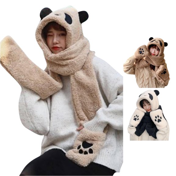 XIAOCHA Women’S Panda Hooded Scarf‑Mitten Set Solid Hats Party Fall‑Winter Bonnet,Beige