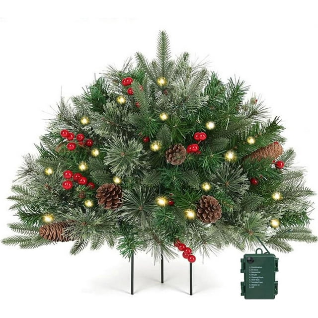 Pre-lit Artificial Christmas Tree Urn Filler, Christmas Tree Feel Real Urn Filler with Lights&Tripod Stake, Weatherproof Holiday Planters for Entryways and Patios
