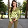 thumbnail image 2 of Women's Satin Button-Up Shirt with Collar and Flared Cuffs - Small, Green, 2 of 7