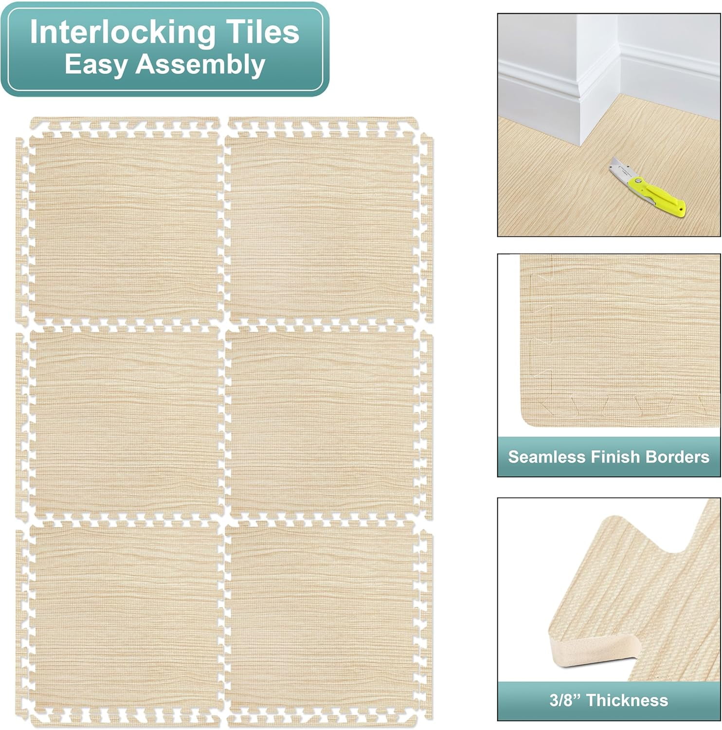 JessieMal Wood Grain Floor Tiles Foam Mat EVA Interlocking Mats Tile 3/8-Inch Thick Flooring Wood Puzzle Exercise Mats w/Borders - Home Playroom Basement, Apartment, Trade Show, Baby, Dance
