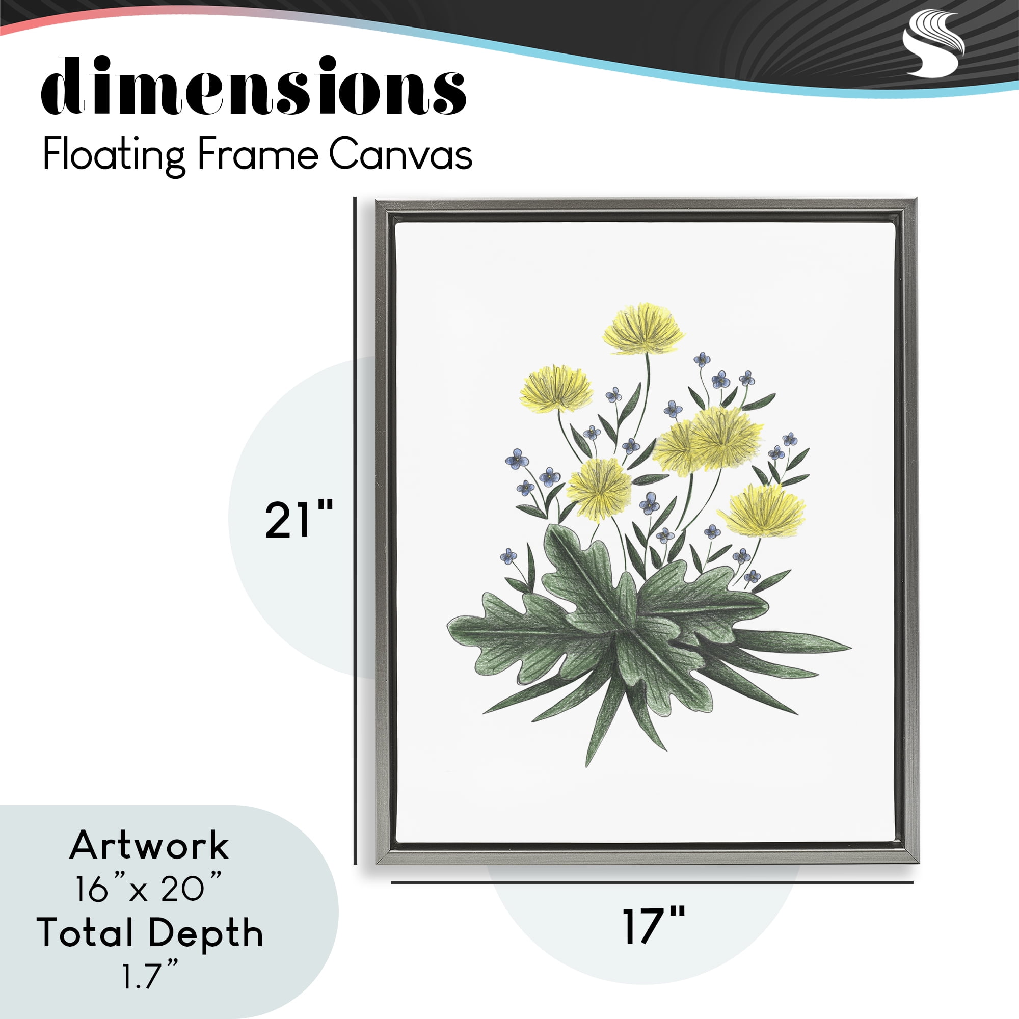 Dandelion Flower Illustration Gray Framed Floater Canvas Wall Art, design by Cecilia Battaini