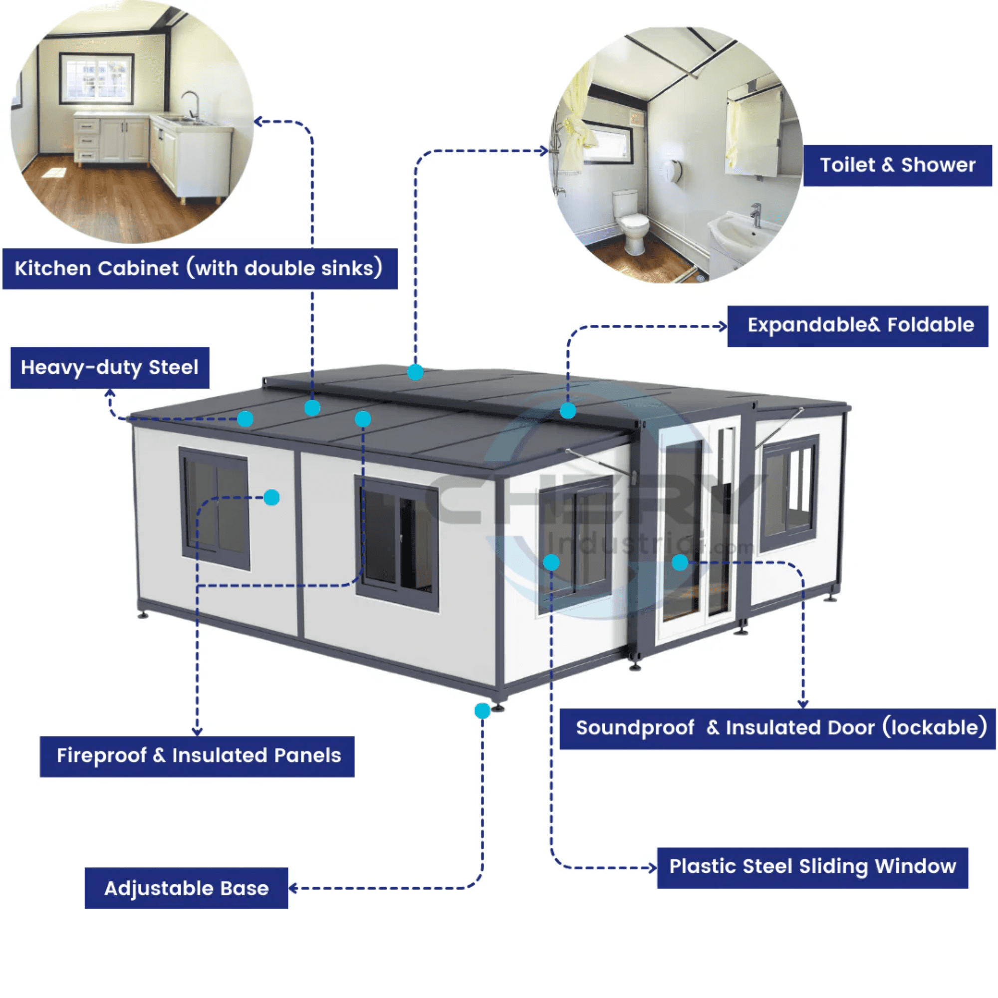 DuraYu 19x20ft Expandable Prefab Tiny Home, Steel Frame Foldable Modular Cabin with L-Shaped Cabinet, Portable ADU House for Backyard Office, Mobile Living