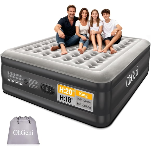 OhGeni 20" Raised King Air Mattress with Built in Pump, Luxury Real Bed Height Blow up Mattress, 3-4 Persons Inflatable Mattress for Guests & Family Party, Ideal for Elder People, 700lbs
