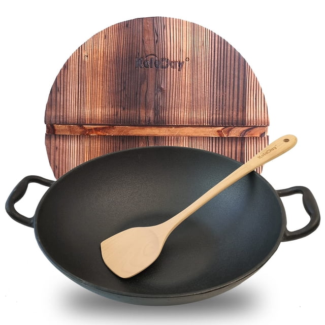 Keleday Wok De Hierro Fundido De 14 Pulgadas Con Tapa Woks Y Sartenes Para Saltear Pre-Sazonados Antiadherentes Con 2 Asas Wok De Hierro Fundido Hecho A Mano Chino Sin Recubrimiento Adecuado Para Toda