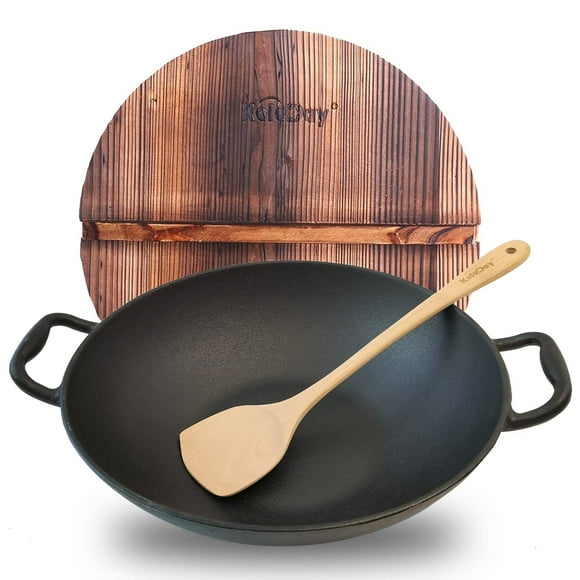 Keleday Wok De Hierro Fundido De 14 Pulgadas Con Tapa Woks Y Sartenes Para Saltear Pre-Sazonados Antiadherentes Con 2 Asas Wok De Hierro Fundido Hecho A Mano Chino Sin Recubrimiento Adecuado Para Toda