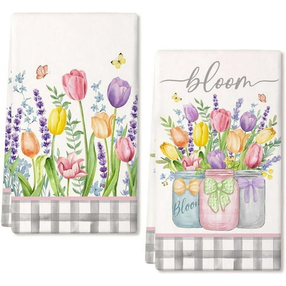Jbralid Lavender Tulip Spring Kitchen Towels Dish Towels Set of 2, Pink Floral Hand Towels 16x27.5 Inch Drying Dishcloth, Farmhouse Home kitchen Seasonal Spring Decorations