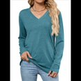 thumbnail image 2 of Camisetas de Mujer con Cuello en V, Larga, Informales, Básicas, Lisas y Suaves Azul Pavo Real XL, 2 of 10