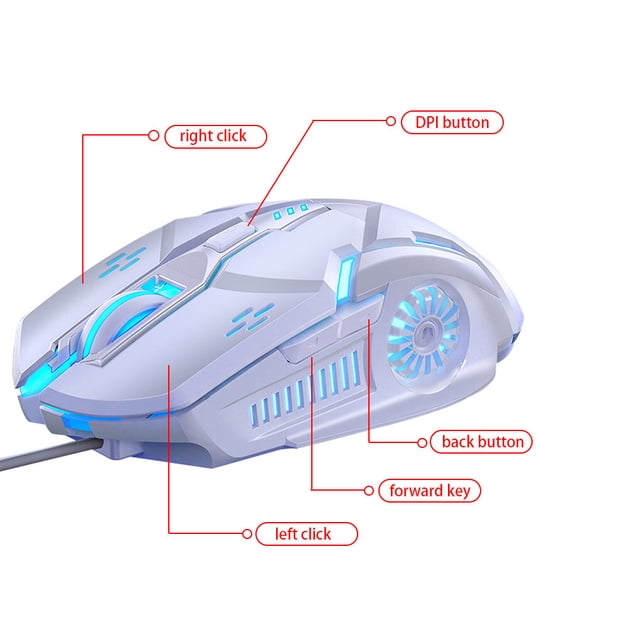 Gaming Mouse Low-noise 7 Color Mouse 7 Color Backlight Backlight 6 Key Anti-slip Mechanical Mouse Gaming Accessory, White