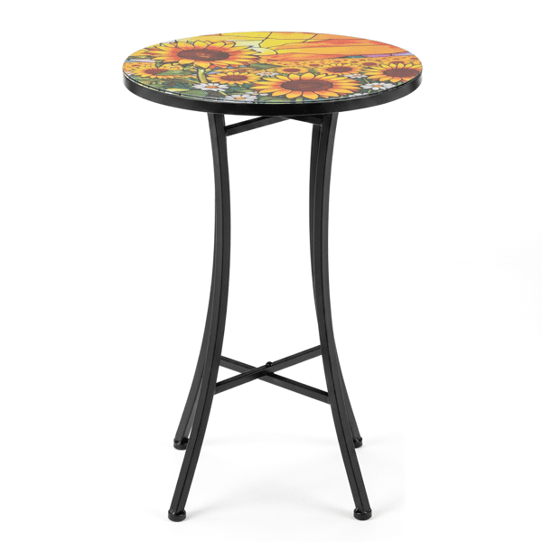 14 inch Side Table, Round Iron Top End Table, Indoor Outdoor Accent Table, Sunflower Mosaic