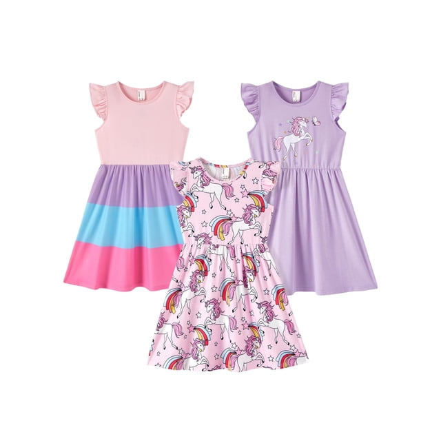 Vestidos para Niñas PATPAT Paquete de 3 con Mangas con Volantes Unicornio 7-8 Años