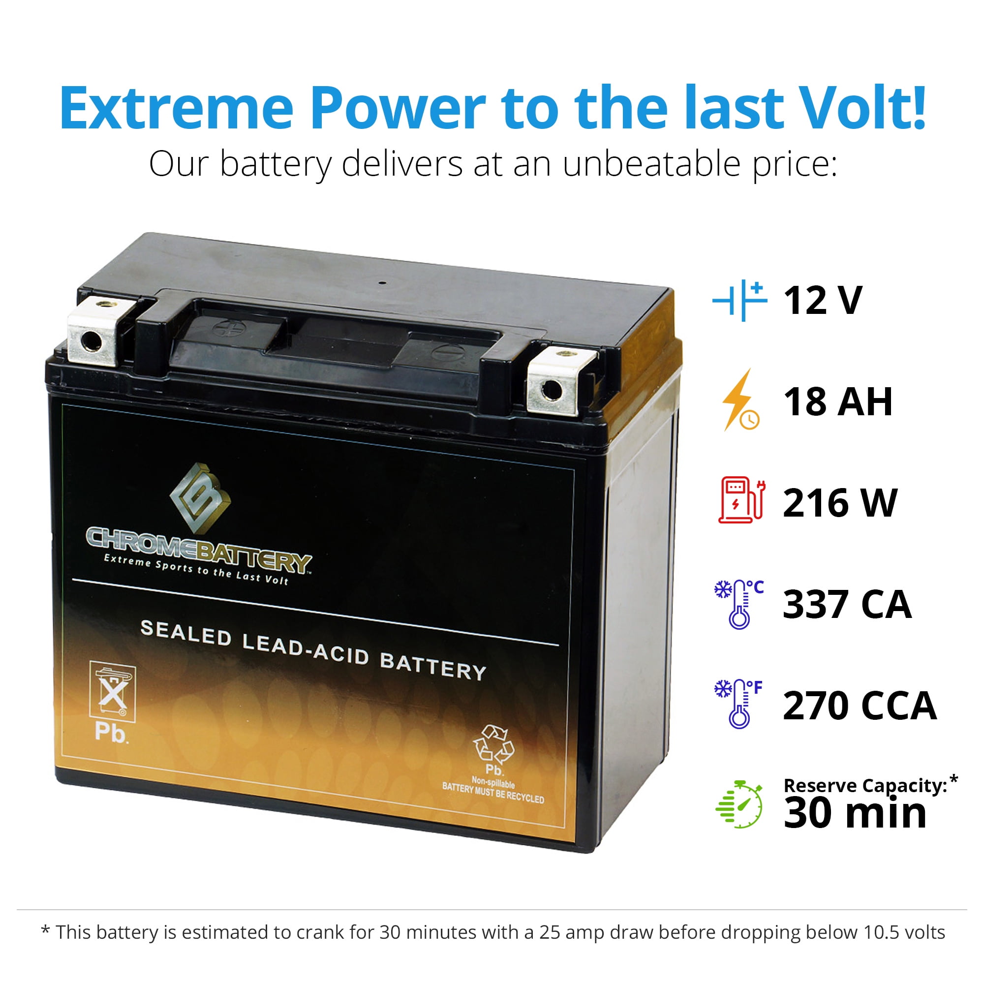 Chrome Battery YTX20-BS (20-BS 12 Volt,18 Ah, 270 CCA) High Performance - Maintenance Free - Sealed AGM Motorcycle Battery