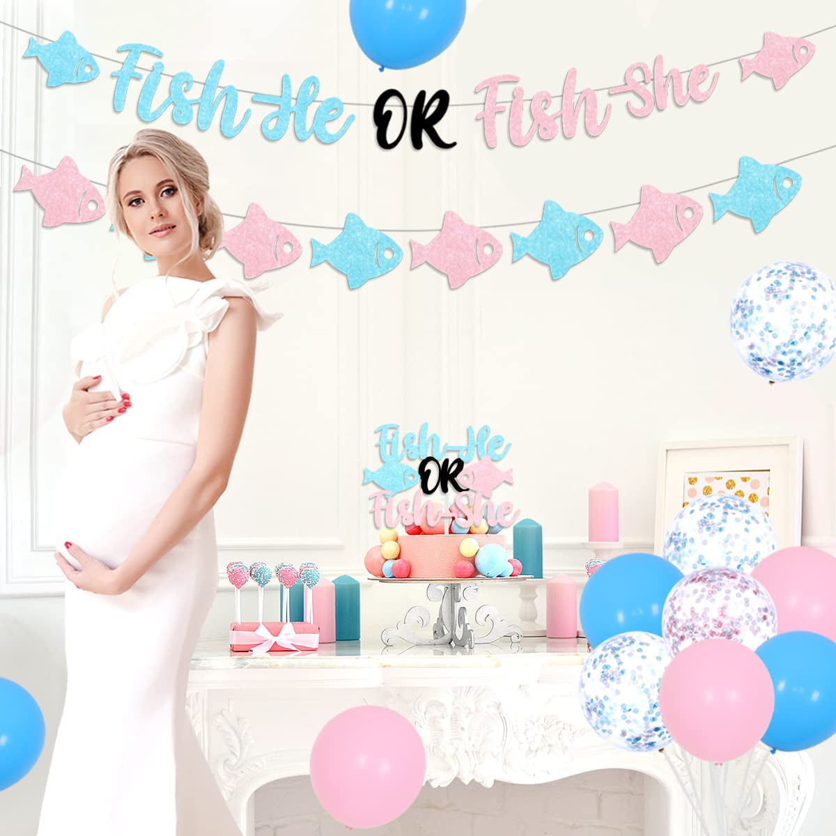 Gender Reveal Party Decorations, FiSHE or FisHE Theme Banner, Fishing HE or  SHE Party Sign, Fisherman Bunting Supplies and Favors for Boys or Girls