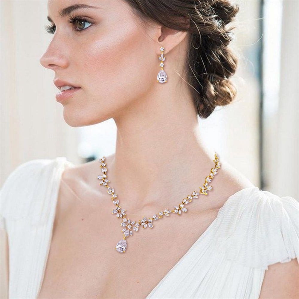 Silver Bridal Jewelry Set - Necklace & Teardrop Earrings, Cubic Zirconia, For Bride & Bridesmaids - View #2