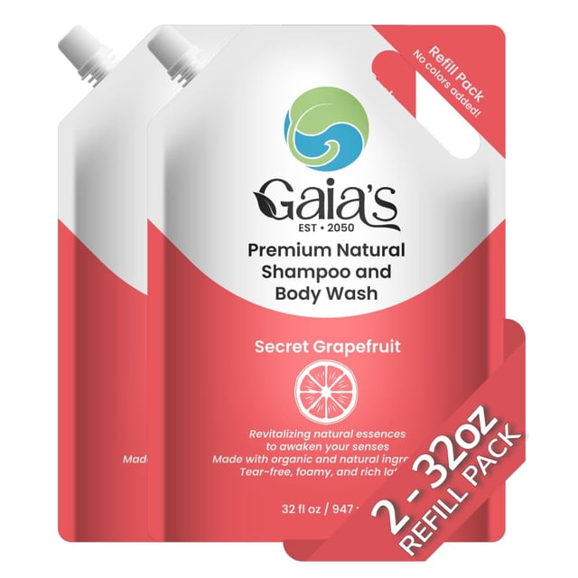 GAIA'S Natural Body Wash and Shampoo Pomelo Recambio a granel Tamaño 64 Fl Oz Sin sulfato Sin parabenos Sin colorantes Sin desgarros Ingredientes orgánicos y naturales PH Balance Femenino