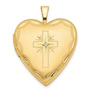 Finest Gold 14K Yellow Gold 20mm Diamond Satin & Diamond-Cut Cross Heart Locket