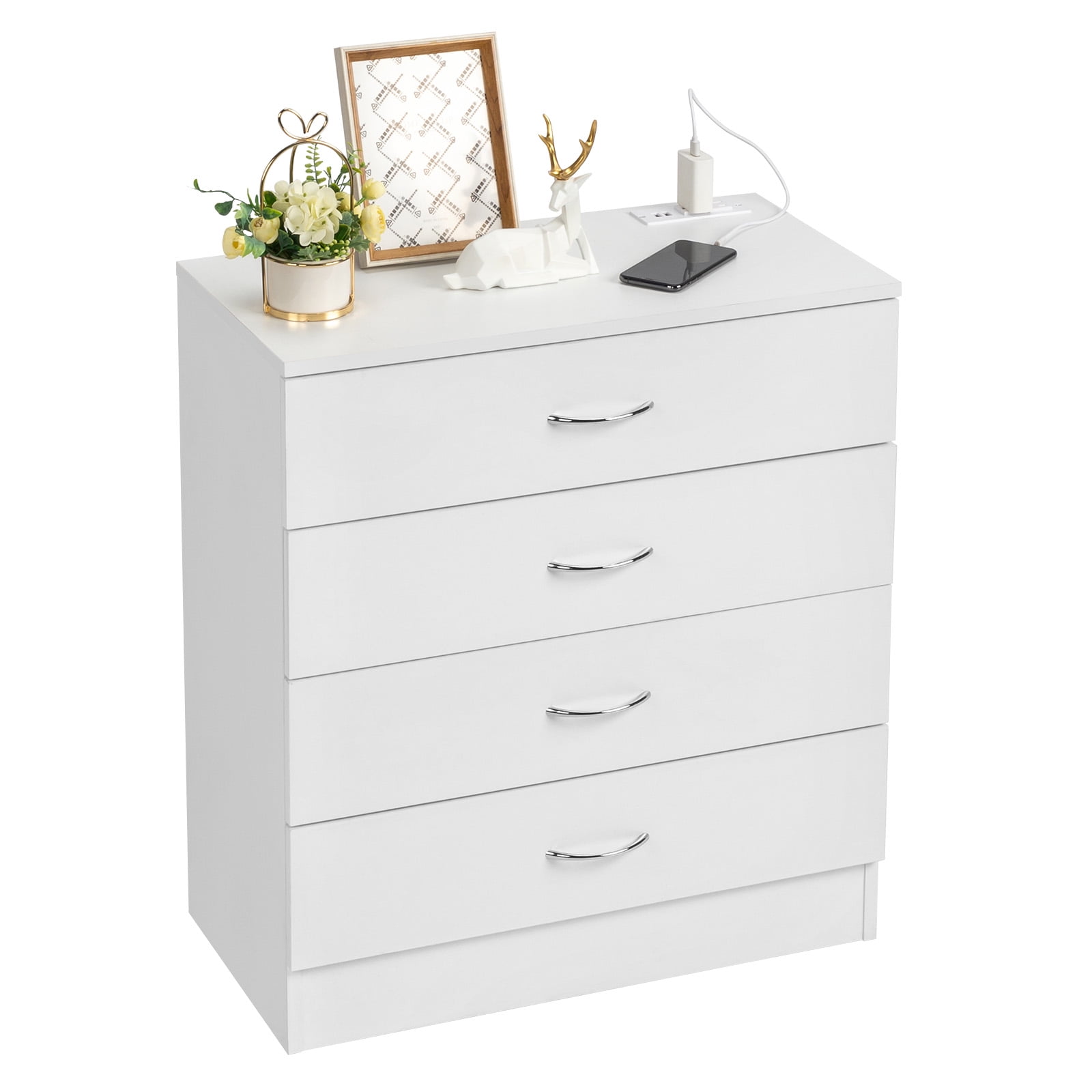 PB Wood 4-Drawer Nightstand Dresser With 2 USB Ports & 2 Outlets P2 Material For Bedroom Living Room Space-Saving Storage​ White